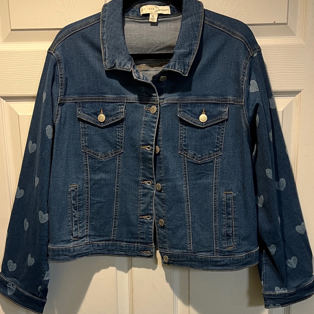 Denim Heart-Patterned Jean Jacket